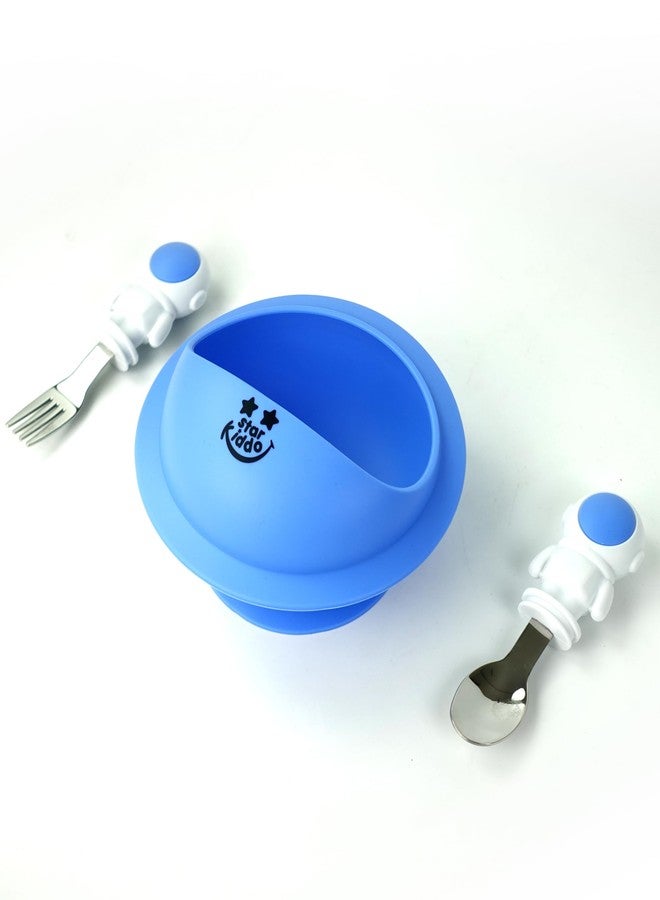 StarKiddo® AstroGrip Silicone Bowl Set: Easy-Grip Feeding Spoon and Fork for Babies & Toddlers| Strong Suction| Microwave and Dishwasher Safe (Blue) - Image 1