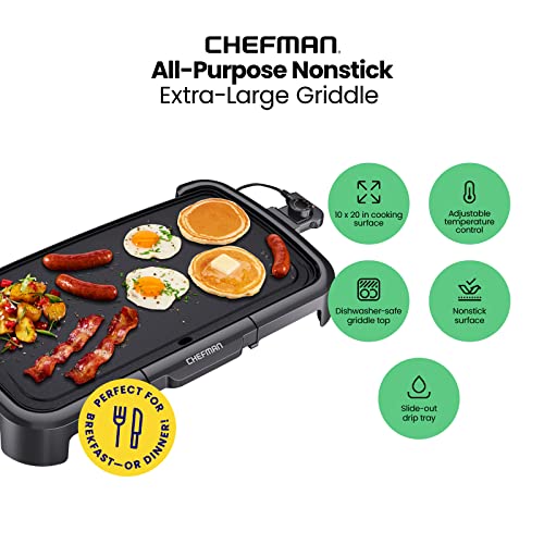 Chefman XL Electric Griddle with Removable Temperature Control, Immersible Flat Top Grill, Burger, Eggs, Pancake Griddle, Nonstick Extra Large Cooking Surface, Slide Out Drip Tray, 10 x 20 Inch - Image 3