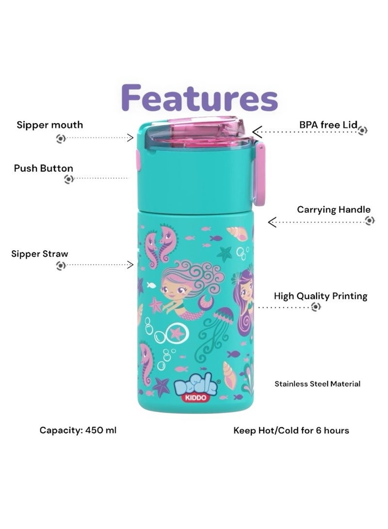 Doodle Kiddo Mermaid Theme Stainless Steel Water Bottle for Girls - 450 ML - Image 2