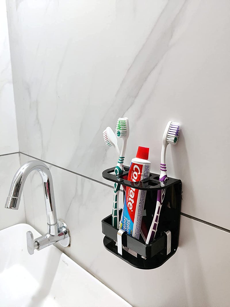 Uzox Easy Stick On Self Adhesive Wall Mount Acrylic Toothbrush Holder / Stand / Tumbler / Toothpaste Holder for Bathroom Stand Organizer Rack for Home (Small Black elight) - Image 1