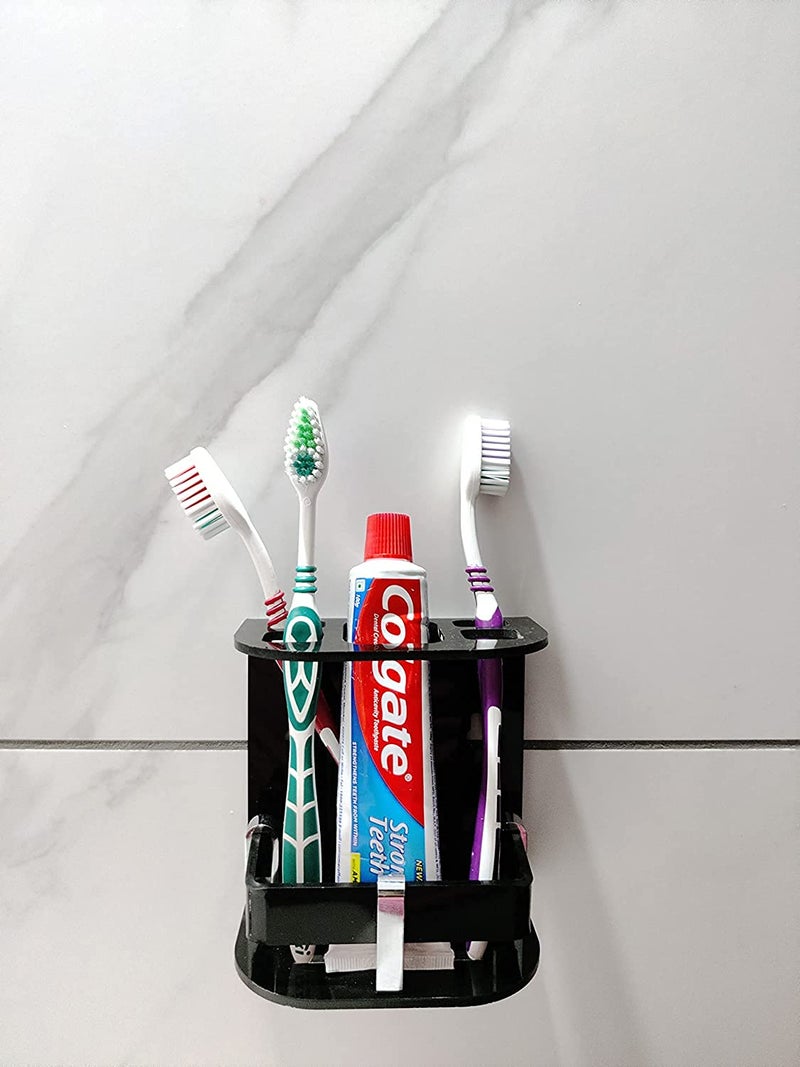 Uzox Easy Stick On Self Adhesive Wall Mount Acrylic Toothbrush Holder / Stand / Tumbler / Toothpaste Holder for Bathroom Stand Organizer Rack for Home (Small Black elight) - Image 2