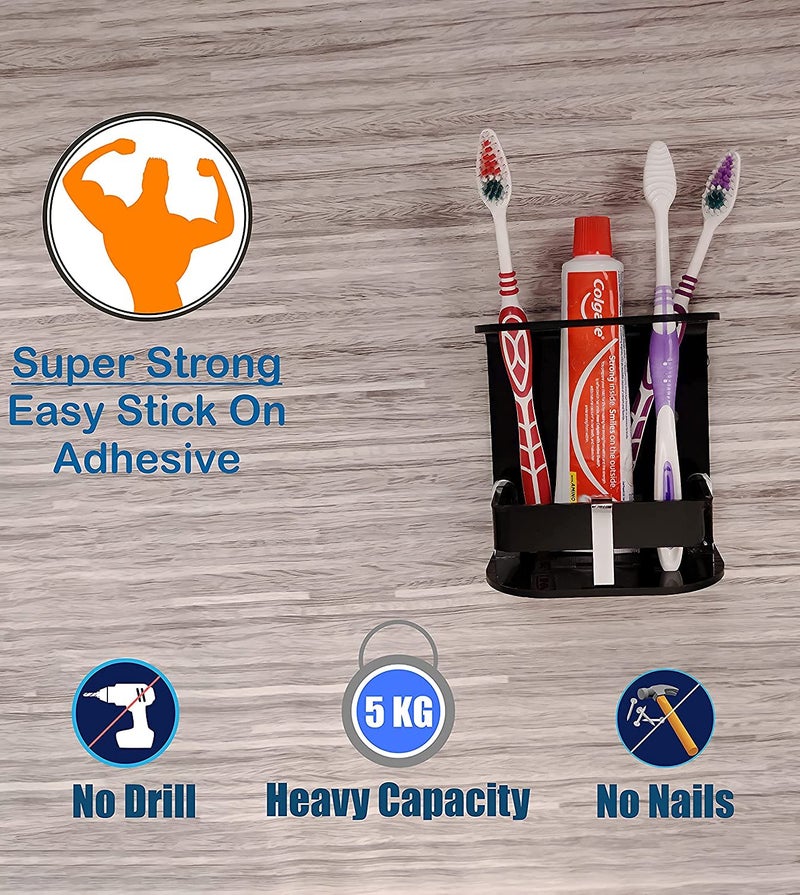 Uzox Easy Stick On Self Adhesive Wall Mount Acrylic Toothbrush Holder / Stand / Tumbler / Toothpaste Holder for Bathroom Stand Organizer Rack for Home (Small Black elight) - Image 4