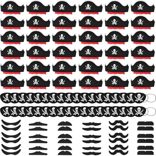 Halatool 36 Set Pirate Accessories Bulk for Kids Include 36 Felt Pirates Hats with 36 Eye Patches and 36 Mustaches Pirate Costume Accessories for Halloween Masquerade Cosplay Party Favors Decor - Image 1