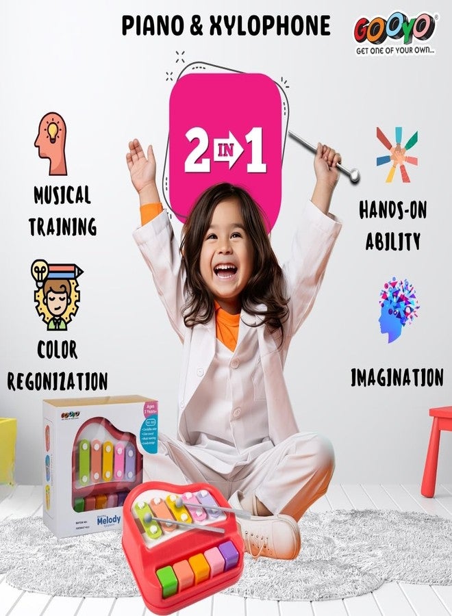 Gooyo 1512 Preschool Kids Educational Knock Playing Musical Xylophone Toy for Kids | 2 in 1 Mini Musical Piano and Xylophone Toy with Colorful Keys & 2 Mallets | Red | No Batteries Required - Image 4
