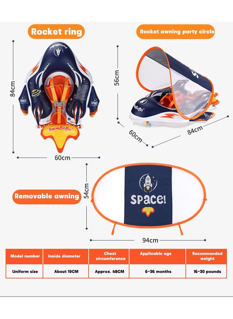 SwimBoBo - Baby Swimming Inflatable Float with Sun Protection Canopy Children Waist Ring Pool Floats add Tail no flip Over Swim Trainer for Infants Swimming Buoy (Swimming Ring Rocket) - Image 1