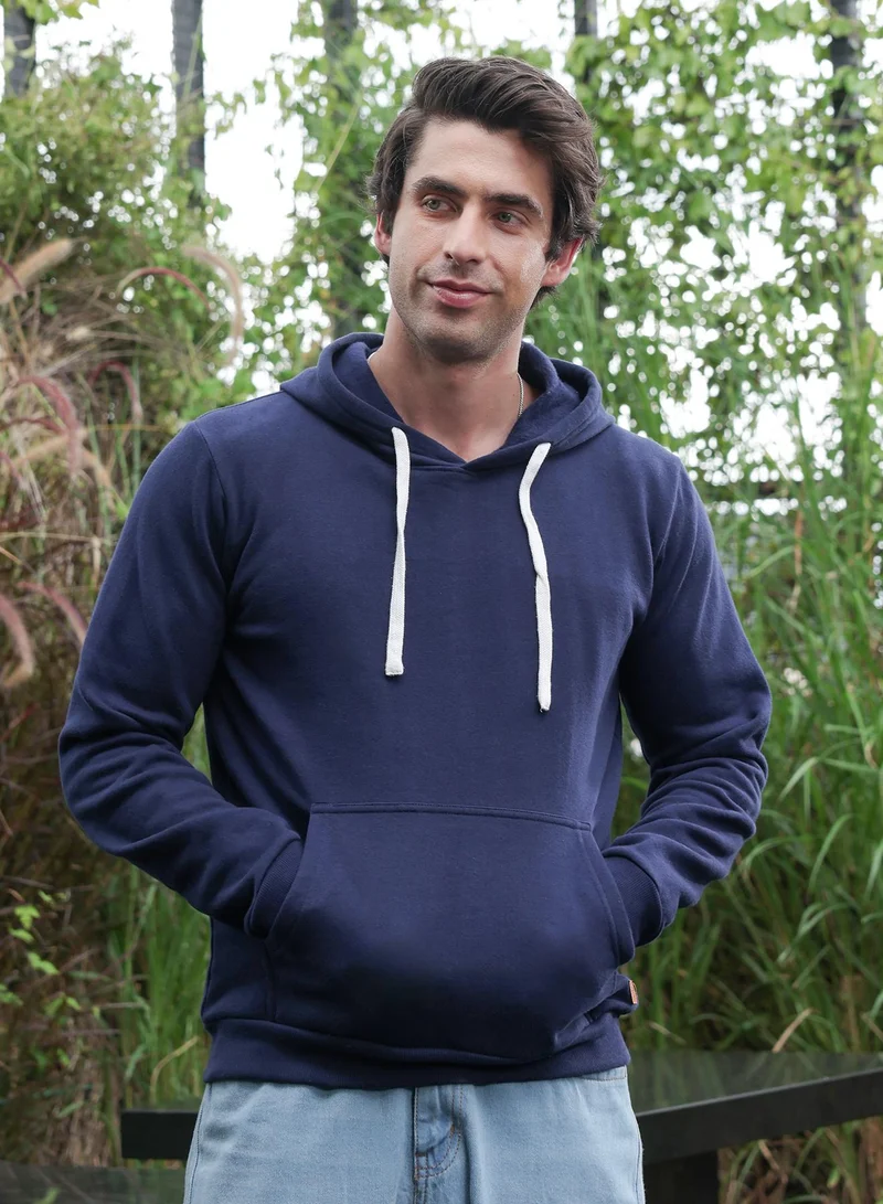 كامبوس سوترا Men Regular Pullover Hoodie | Hooded Neck, Long Ribbed Cuff Sleeves | Pull On , Ribbed-Straight Hem | Solid Fleece | Knitted Fabric For Casual & Daily Wear | Navy Blue