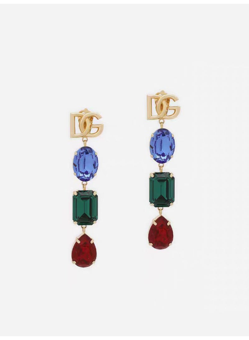 D&G Colorful Gem Drop Earrings - Gold-Tone DG Logo & Multi-Colored Crystals for Luxury Party & Evening Style - Image 1