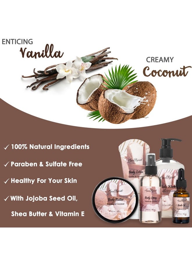 Aqua Elegante Spa Baskets For Women - Luxury Bath Set With Coconut & Vanilla - Spa Kit Includes Wash, Bubble Bath, Lotion, Bath Salts, Body Scrub, Hand Cream, Shower Puff, Bathbombs, Soap and Towel  - Image 3