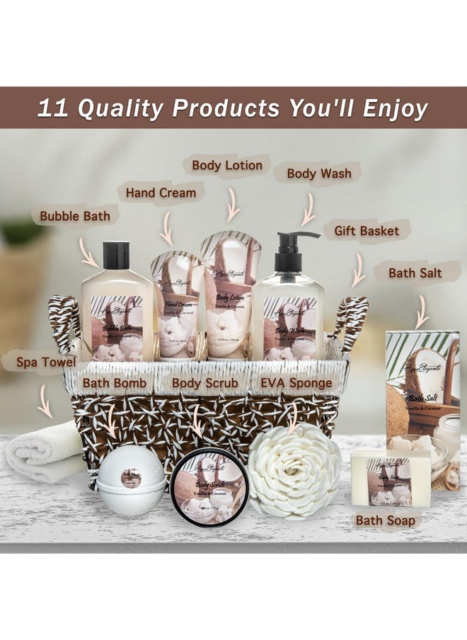 Aqua Elegante Spa Baskets For Women - Luxury Bath Set With Coconut & Vanilla - Spa Kit Includes Wash, Bubble Bath, Lotion, Bath Salts, Body Scrub, Hand Cream, Shower Puff, Bathbombs, Soap and Towel  - Image 2