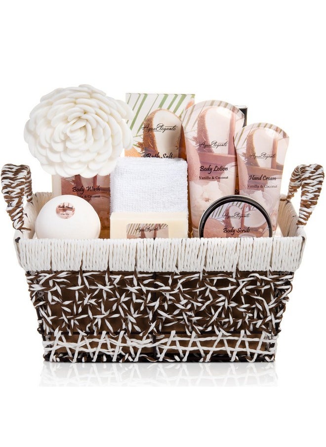 Aqua Elegante Spa Baskets For Women - Luxury Bath Set With Coconut & Vanilla - Spa Kit Includes Wash, Bubble Bath, Lotion, Bath Salts, Body Scrub, Hand Cream, Shower Puff, Bathbombs, Soap and Towel  - Image 1