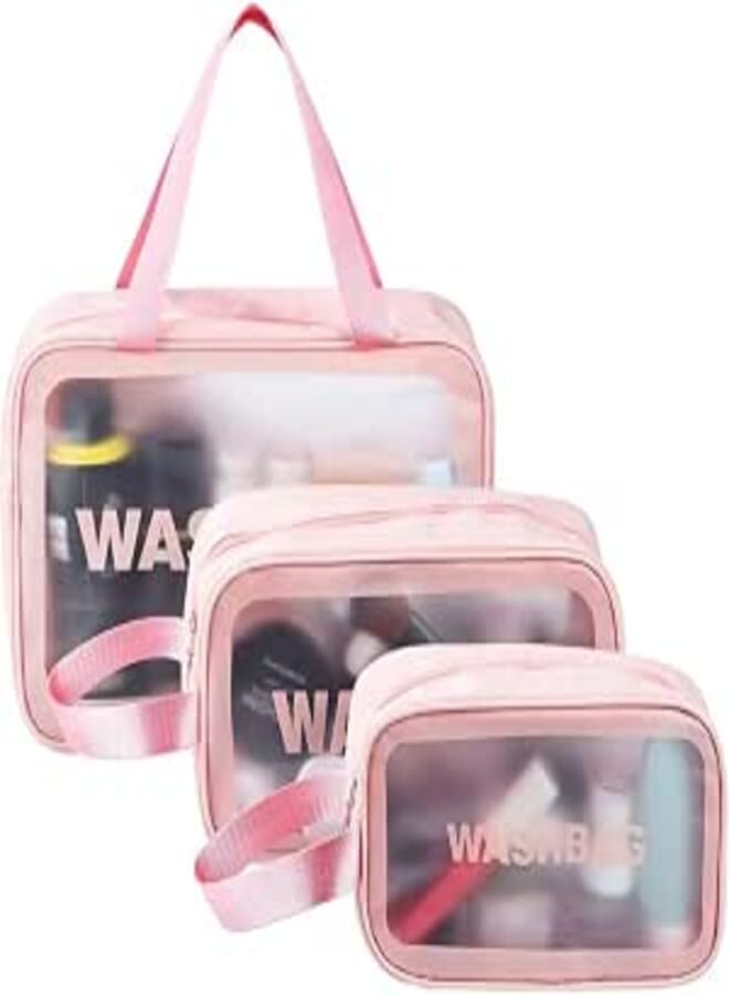 3,Pieces Large Clear Travel Toiletries Bags, Waterproof Clear Plastic Cosmetic Makeup Bags, Transparent Packing Organizer Storage Bags (pink)
