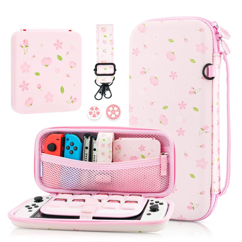 GLDRAM Pink Sakura Carrying Case Bundle for Nintendo Switch OLED Elegant Switch Travel Case Protector for Girls Accessories Kit with Shoulder Strap Cherry Blossom Game Card Holder Thumb Caps