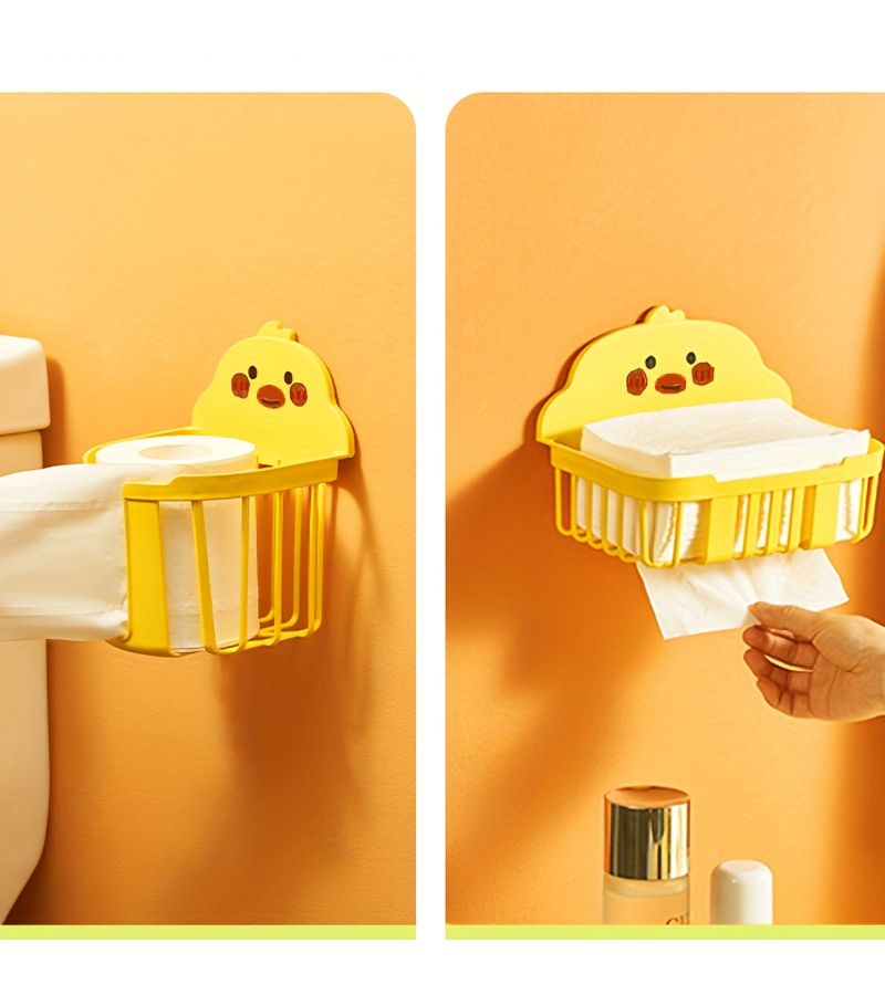حزمة من 4 صناديق مناديل حائطية على شكل بطة صفراء بدون حفر، رف تخزين إبداعي للحمام - Image 4