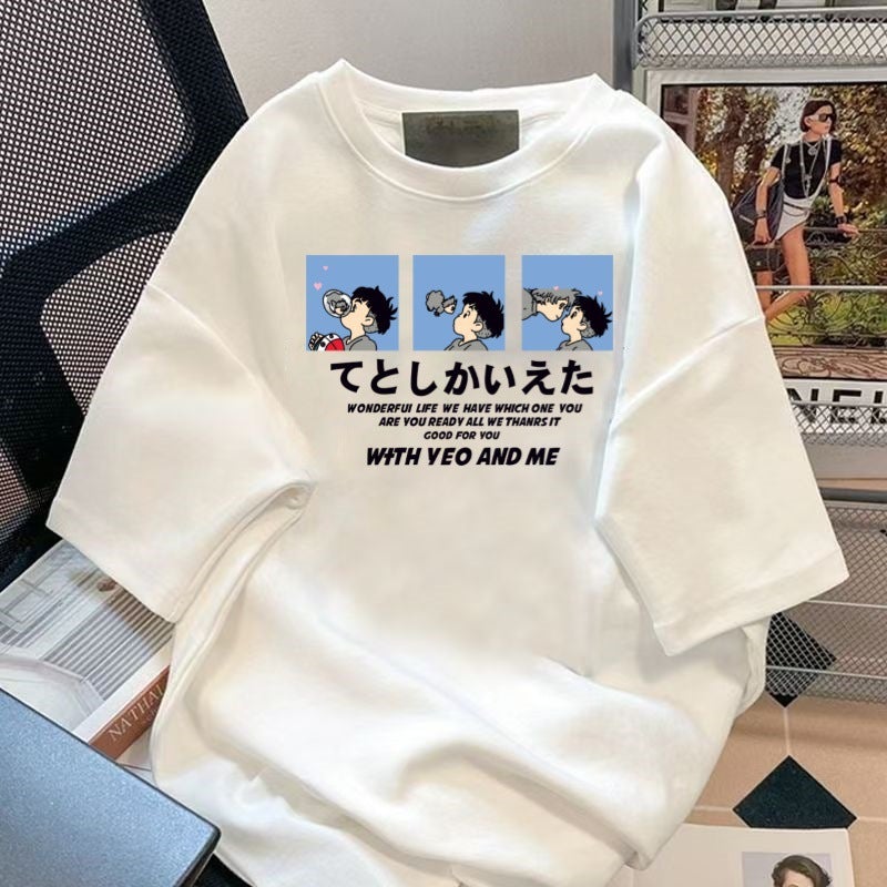 تي شيرت بأكمام قصيرة للرجال صيف جديد كاجوال عصري علامة تجارية فضفاضة بسيطة على الطراز الكوري قميص أساسي مطبوع ملابس قمة بيضاء بأكمام قصيرة - Image 2