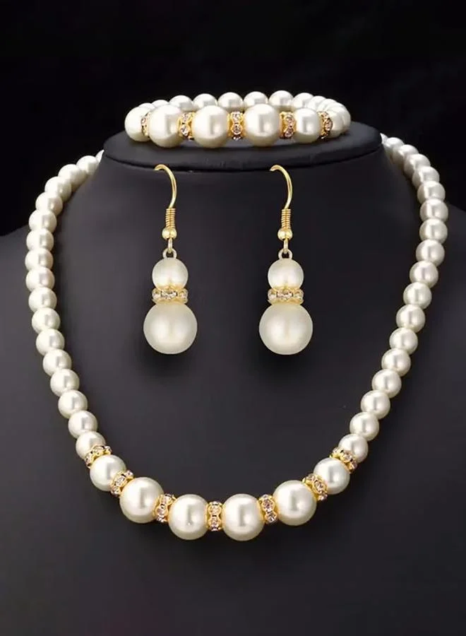 تايك تو Faux Pearl And Rhinestone Jewelry Set With Necklace, Earrings And Bracelet 3-Piece