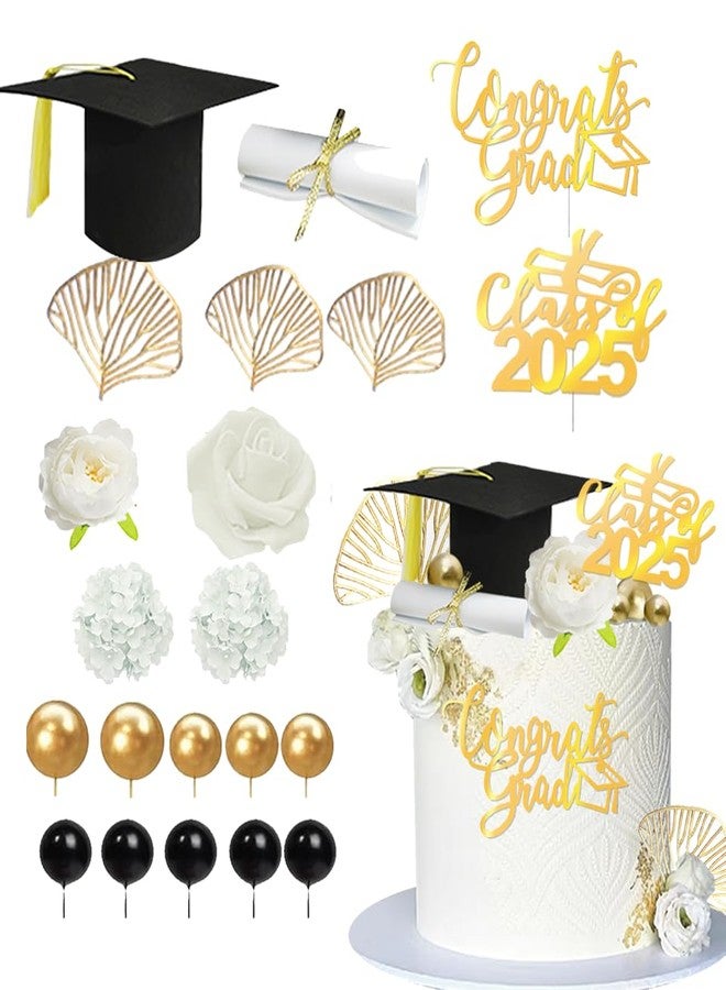 DiDida Graduation Cake Topper Flower Grad Hat Cake Topper Set Class of 2025 Graduates Grad Cake Decor for Graduation Party - Image 2