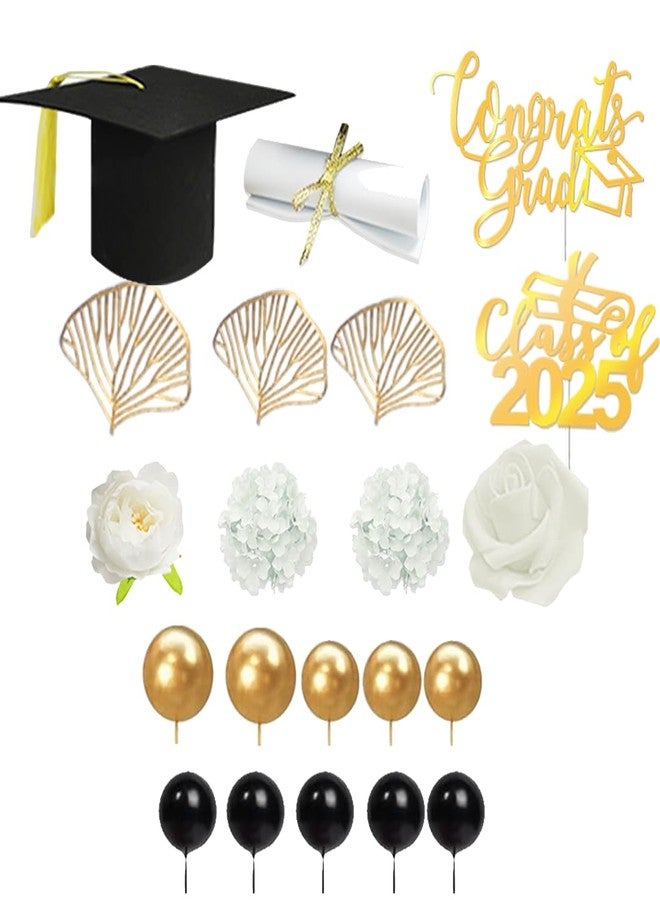 DiDida Graduation Cake Topper Flower Grad Hat Cake Topper Set Class of 2025 Graduates Grad Cake Decor for Graduation Party - Image 3