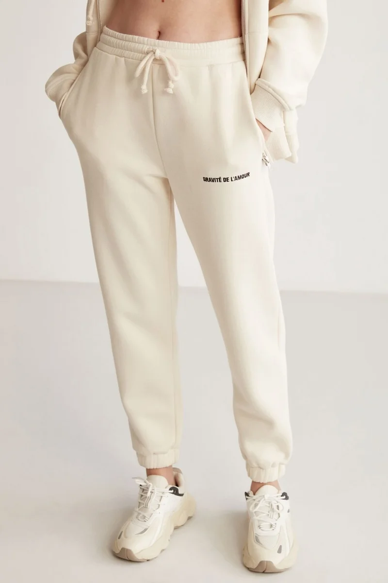 GRIMELANGE Carroline Women's Casual Cut Embroidered Waist and Leg Elastic Vanilla Sweatpants