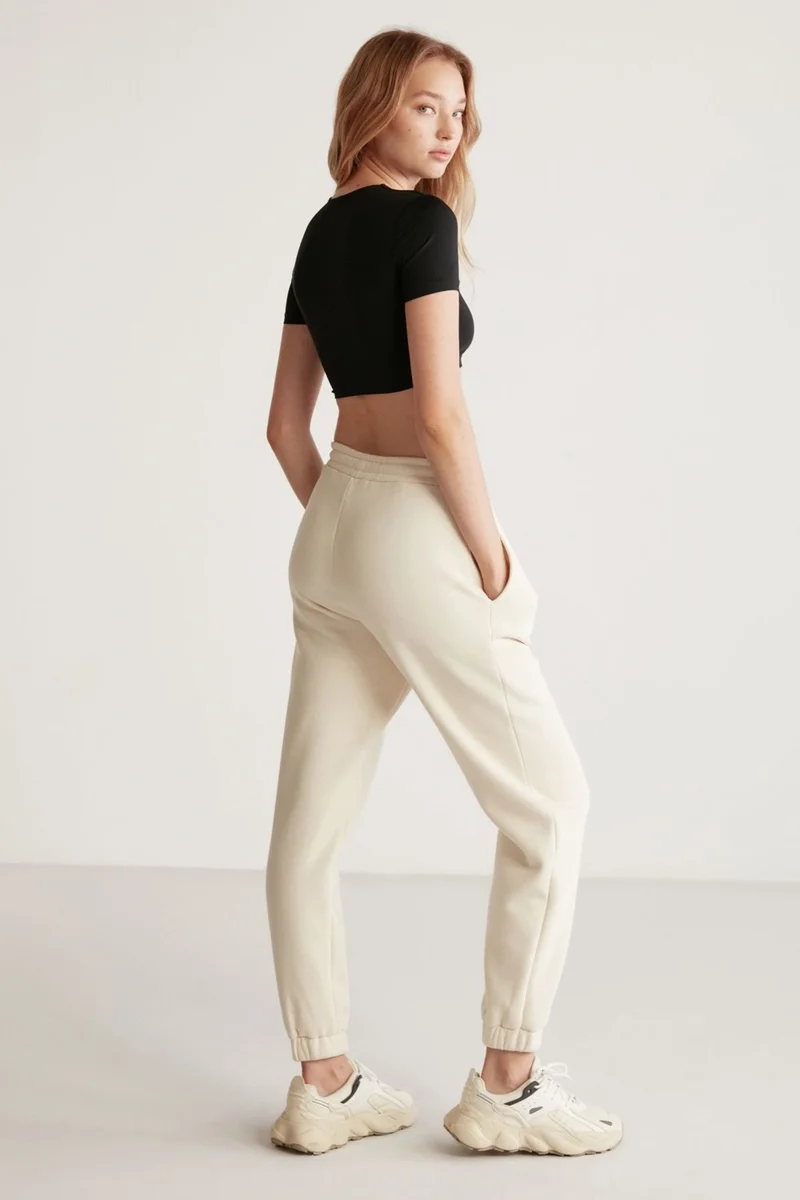GRIMELANGE Carroline Women's Casual Cut Embroidered Waist and Leg Elastic Vanilla Sweatpants