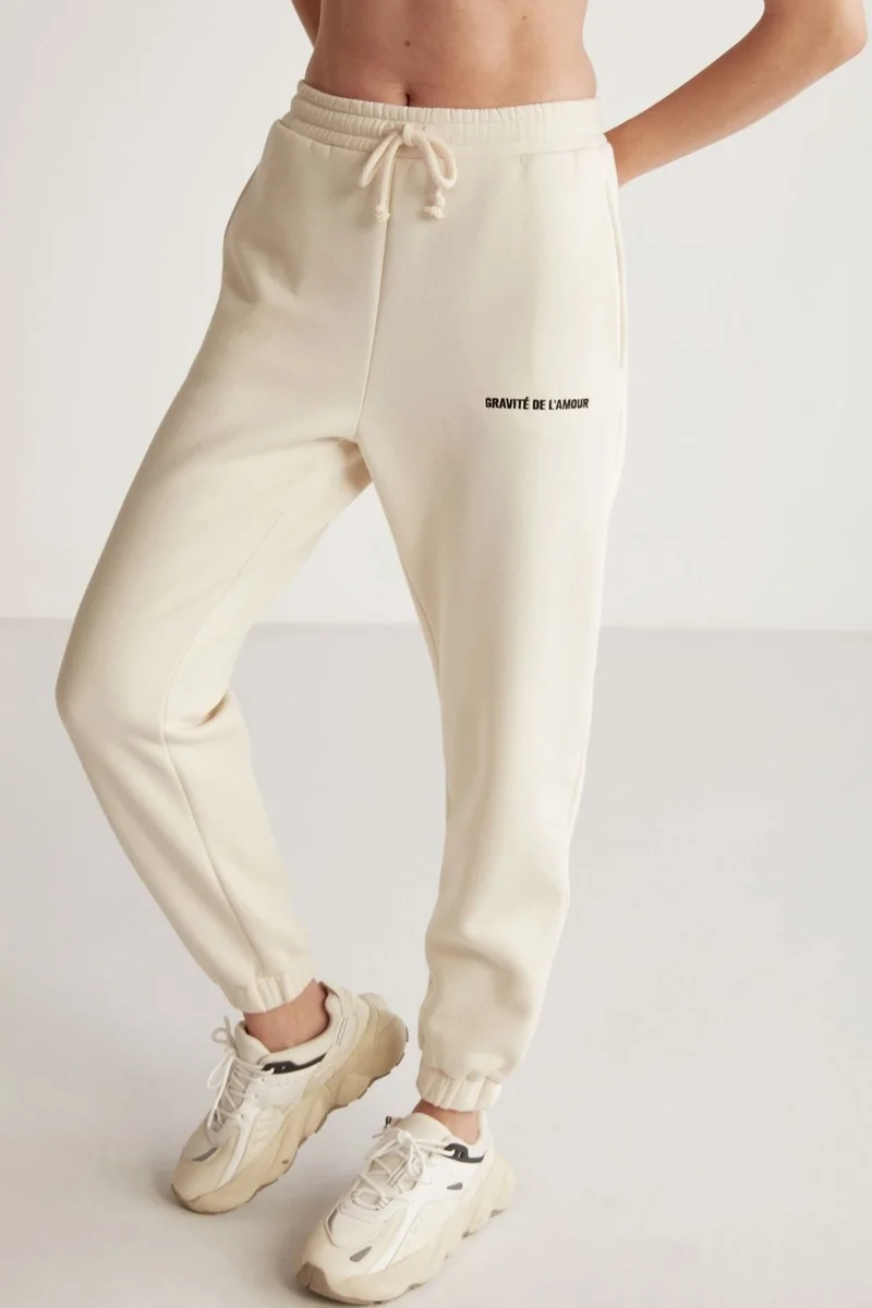GRIMELANGE Carroline Women's Casual Cut Embroidered Waist and Leg Elastic Vanilla Sweatpants