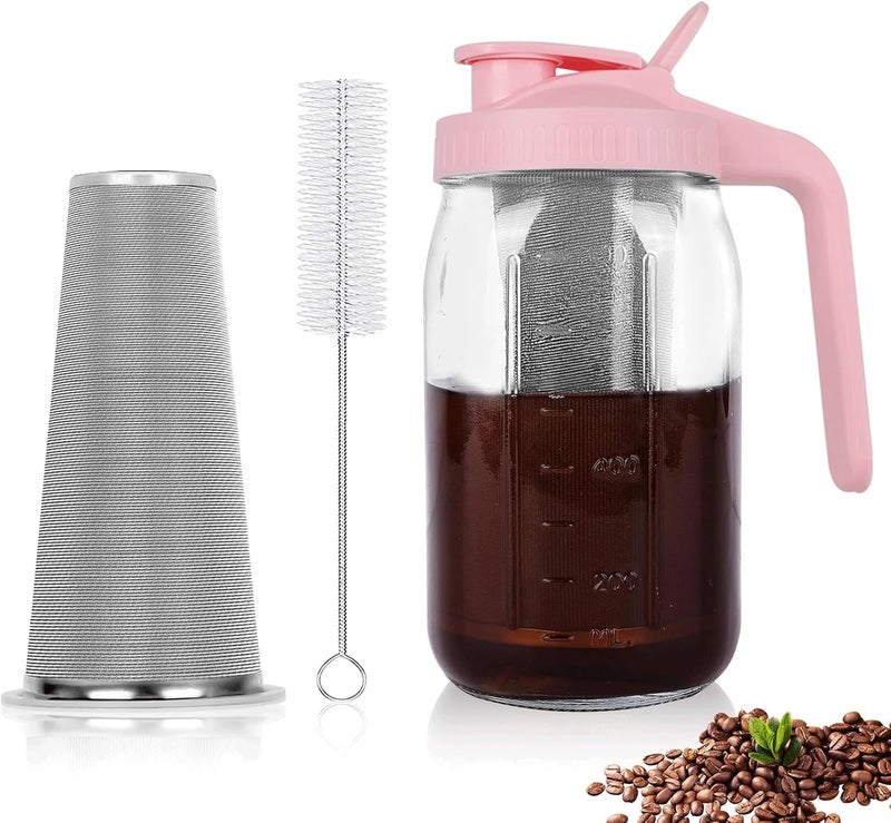QHH Cold Brew Coffee Maker,32 oz Mason Jar Pitcher with Stainless Steel Filter, Pour Spout Handle Lid, Heavy Duty Glass Airtight & Leak-Proof Pitcher for iced coffee Tea Lemonade-Pink - Image 1