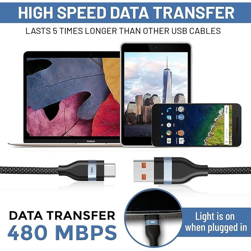 3ft USB to USB-C Cable, Double Braided, LED Light Indicator, Pure Copper, 120W, 6A, Fast Charging/Data Transfer, and Unmatched Durability, Data Nylon Braided Cable, Black - Image 3