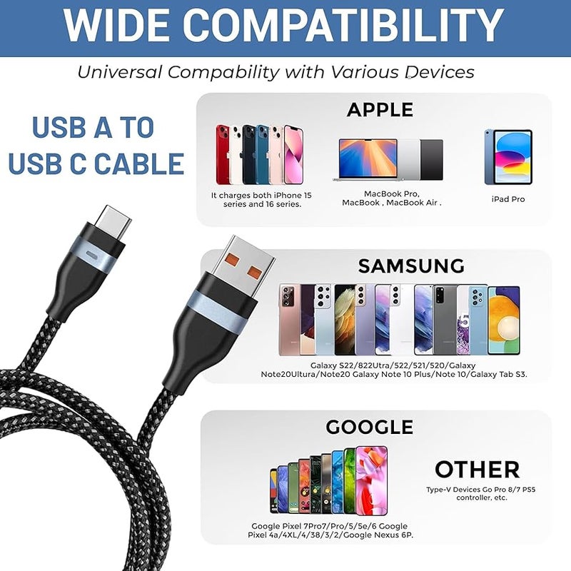 3ft USB to USB-C Cable, Double Braided, LED Light Indicator, Pure Copper, 120W, 6A, Fast Charging/Data Transfer, and Unmatched Durability, Data Nylon Braided Cable, Black - Image 2