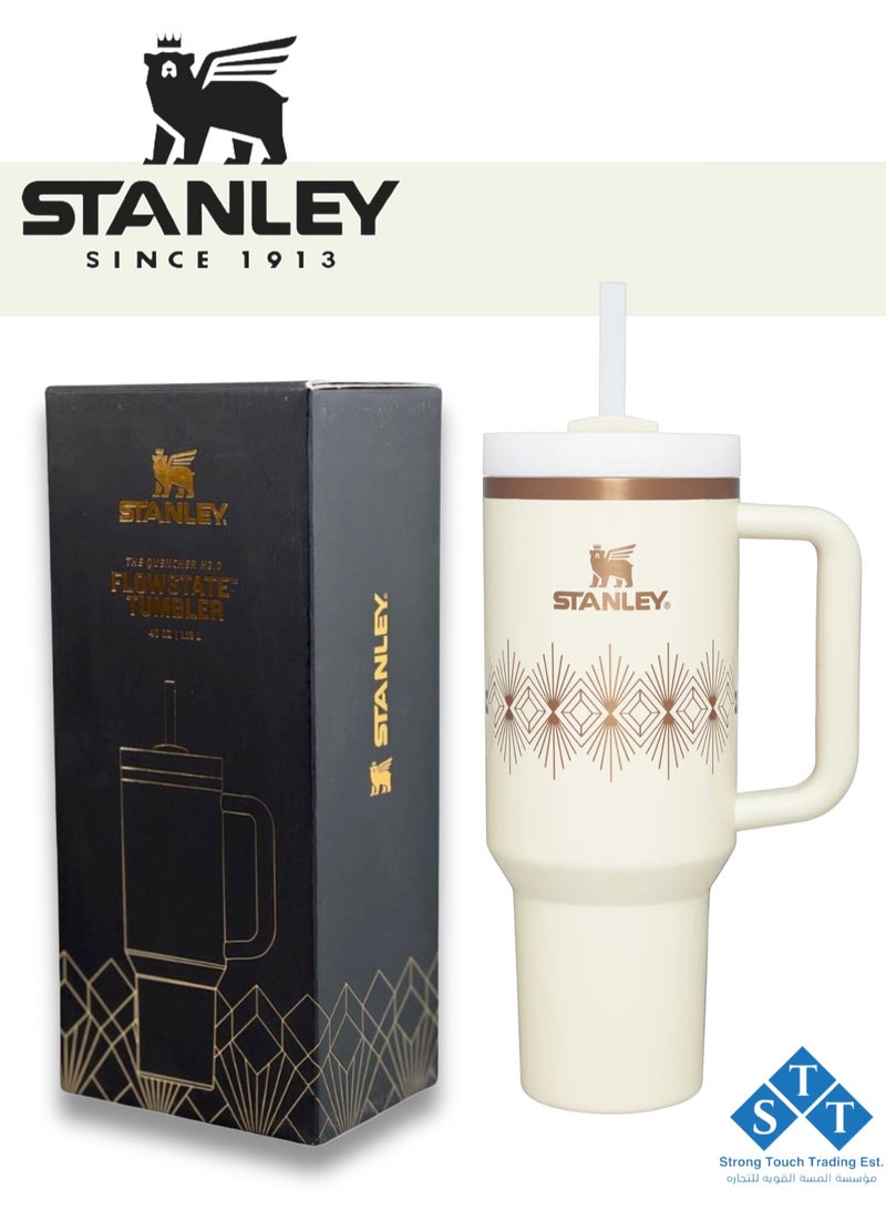 Stanley Officel  Stanley Quencher H2.O FlowState™ Tumbler Cream Gloss Deco 40 oz with Handle and Straw  | Flowstate 3-Position Lid | Cup Holder Compatible for Travel | Insulated Stainless Steel Cup | BPA-Free | for Water, Iced Tea or Coffee, Smoothie and More (Cream Gloss Deco 1.18L) - Image 1