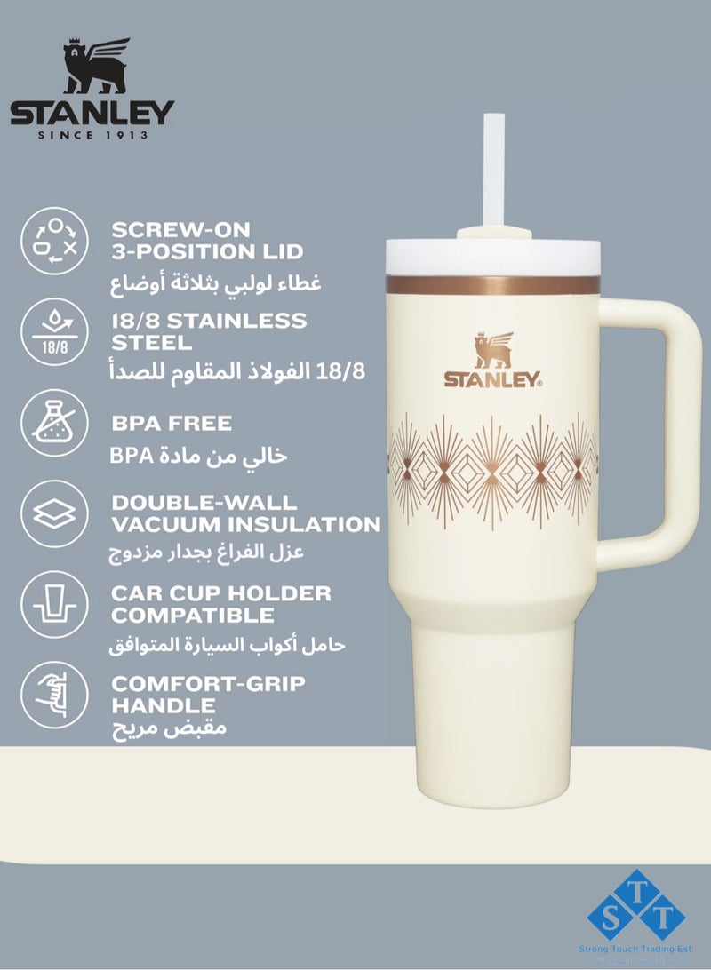 Stanley Officel  Stanley Quencher H2.O FlowState™ Tumbler Cream Gloss Deco 40 oz with Handle and Straw  | Flowstate 3-Position Lid | Cup Holder Compatible for Travel | Insulated Stainless Steel Cup | BPA-Free | for Water, Iced Tea or Coffee, Smoothie and More (Cream Gloss Deco 1.18L) - Image 2
