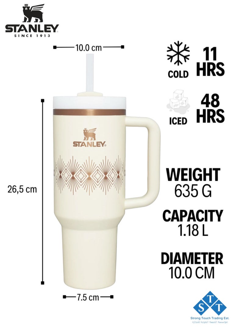 Stanley Officel  Stanley Quencher H2.O FlowState™ Tumbler Cream Gloss Deco 40 oz with Handle and Straw  | Flowstate 3-Position Lid | Cup Holder Compatible for Travel | Insulated Stainless Steel Cup | BPA-Free | for Water, Iced Tea or Coffee, Smoothie and More (Cream Gloss Deco 1.18L) - Image 3