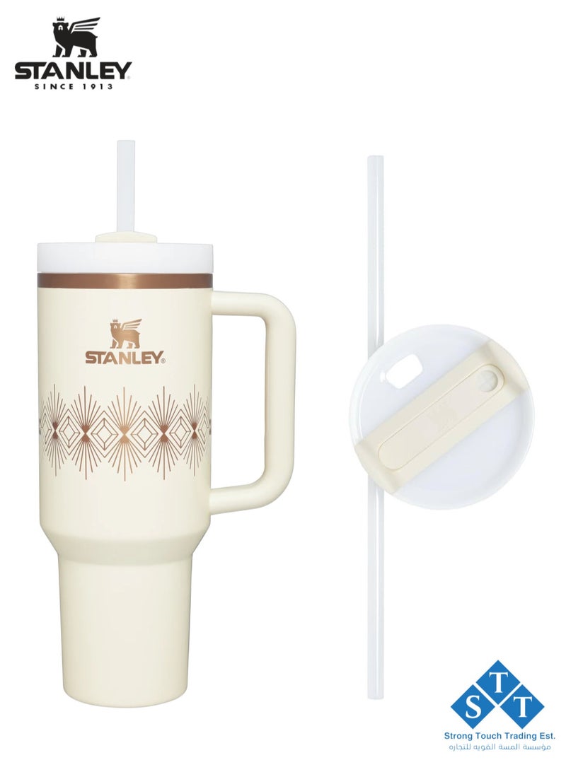 Stanley Officel  Stanley Quencher H2.O FlowState™ Tumbler Cream Gloss Deco 40 oz with Handle and Straw  | Flowstate 3-Position Lid | Cup Holder Compatible for Travel | Insulated Stainless Steel Cup | BPA-Free | for Water, Iced Tea or Coffee, Smoothie and More (Cream Gloss Deco 1.18L) - Image 4