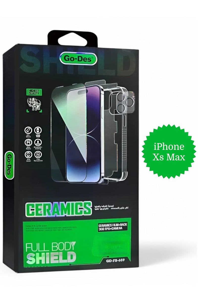 جو-ديز بكج الحماية الكاملة لـ آيفون اكس ماكس (iPhone Xs Max) جراب حماية مصنوع من مواد عالية الجودة, حماية الشاشة بوضوح عالي, واقي عدسات الكاميرا, واقي لحماية خلفية الهاتف, حماية قصوى ضد الخدوش والكسر