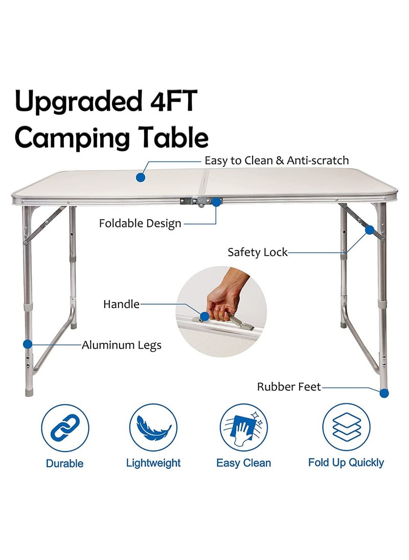 DubaiGallery - Folding Camping Table, 4 Ft Aluminum Folding Table with Handle, Adjustable Portable Camp Table for Picnic, BBQ, Party, Beach, White - Image 1
