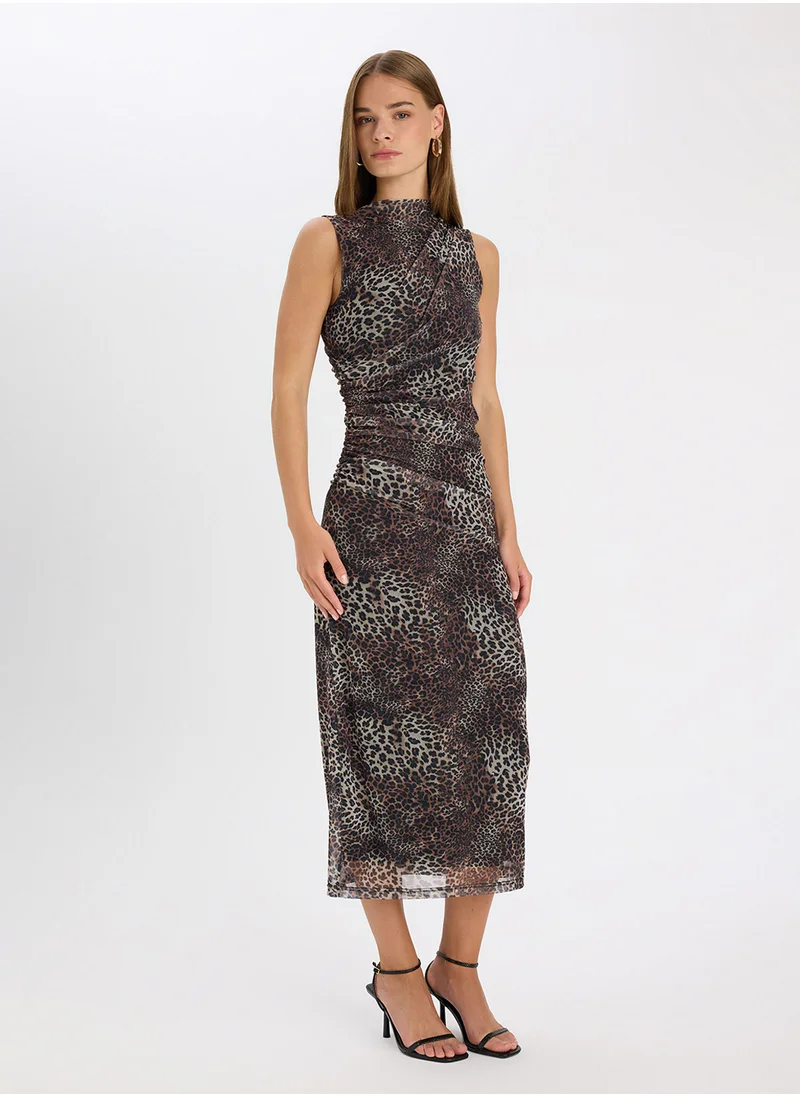 DeFacto Bodycon Fitted Crew Neck Leopard Print Tulle Sleeveless Maxi Dress