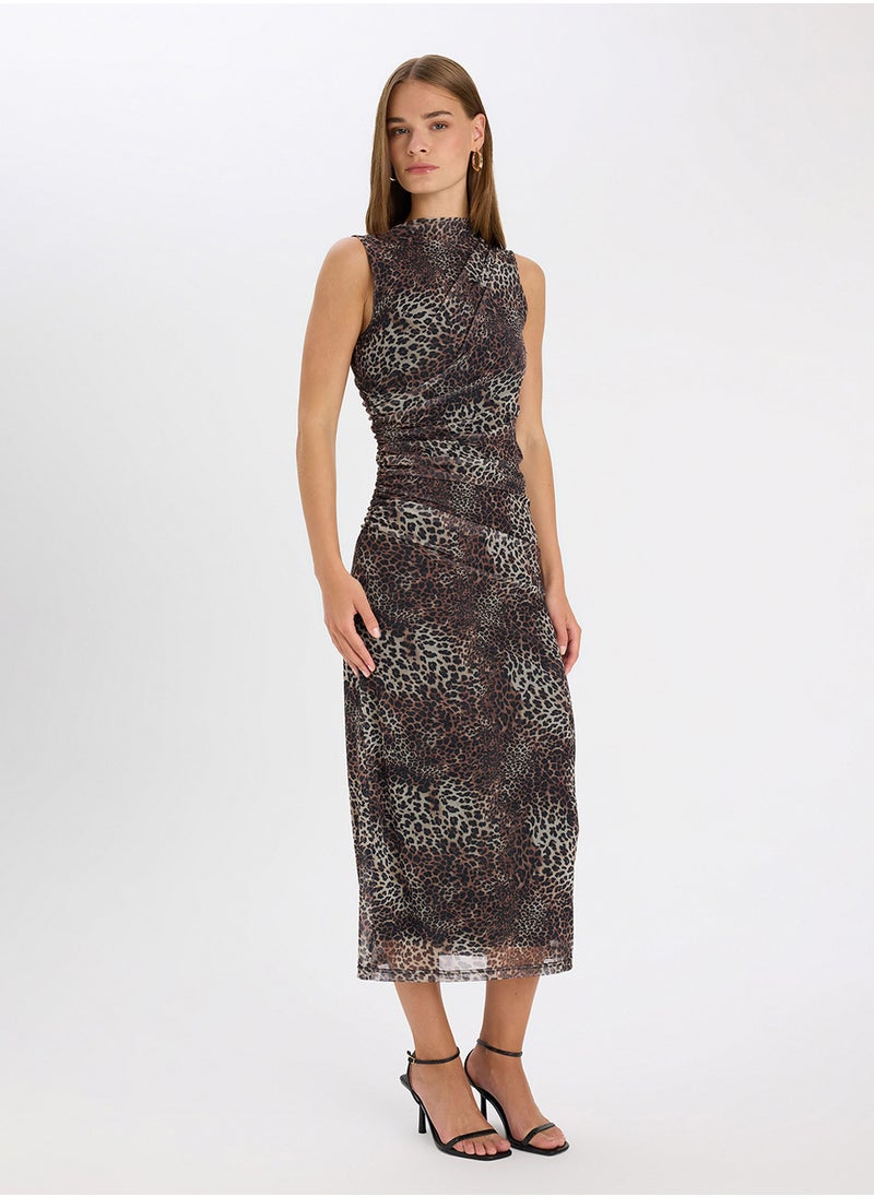 DeFacto - Bodycon Fitted Crew Neck Leopard Print Tulle Sleeveless Maxi Dress - Image 1
