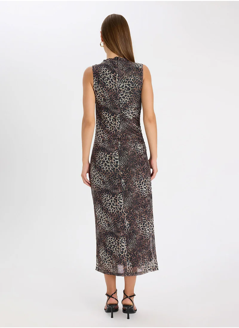 DeFacto Bodycon Fitted Crew Neck Leopard Print Tulle Sleeveless Maxi Dress