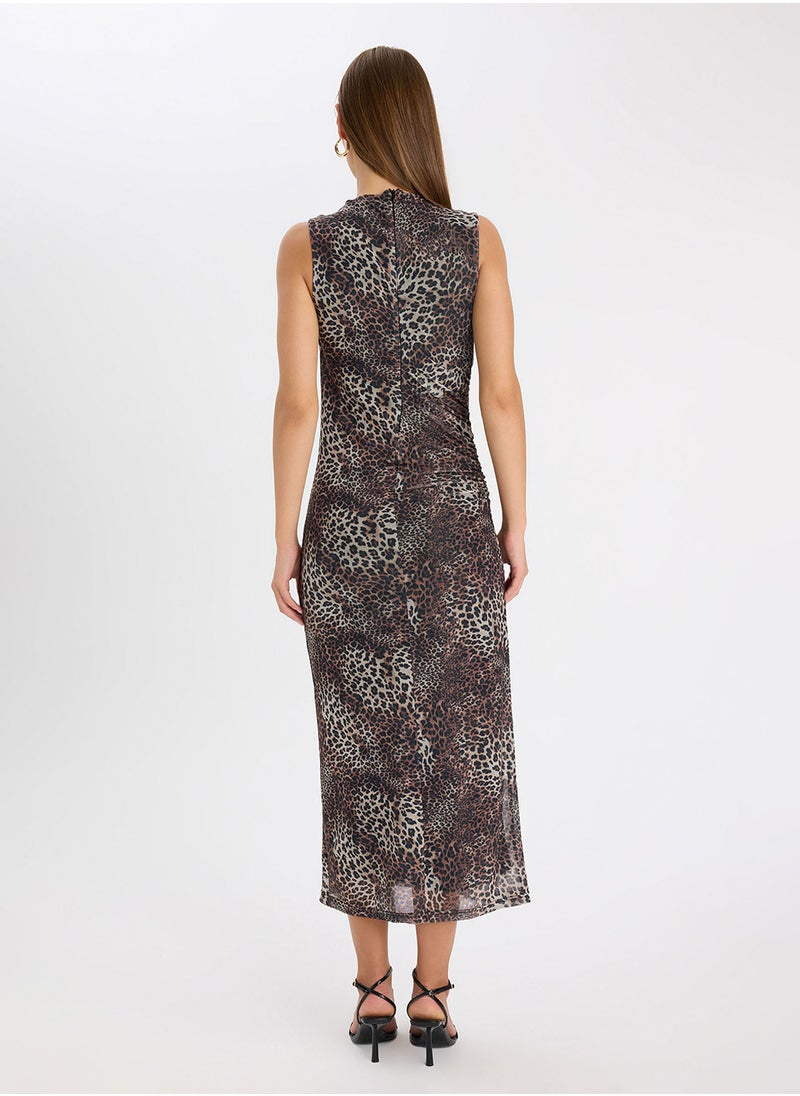 DeFacto - Bodycon Fitted Crew Neck Leopard Print Tulle Sleeveless Maxi Dress - Image 1