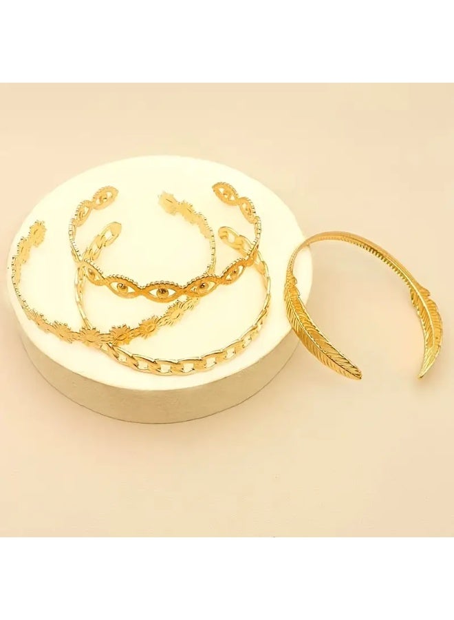 Goolsky مجموعة أساور ذهبية بوهيمية أنيقة مكونة من 4 قطع بتصاميم زهور وسلاسل وأوراق - أساور مفتوحة من سبائك معدنية للنساء | نمط هندي/هيب هوب، سوار باندل - Image 4