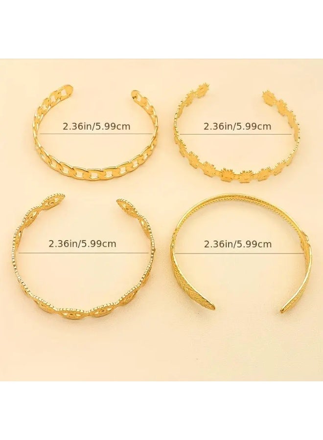 Goolsky مجموعة أساور ذهبية بوهيمية أنيقة مكونة من 4 قطع بتصاميم زهور وسلاسل وأوراق - أساور مفتوحة من سبائك معدنية للنساء | نمط هندي/هيب هوب، سوار باندل - Image 3