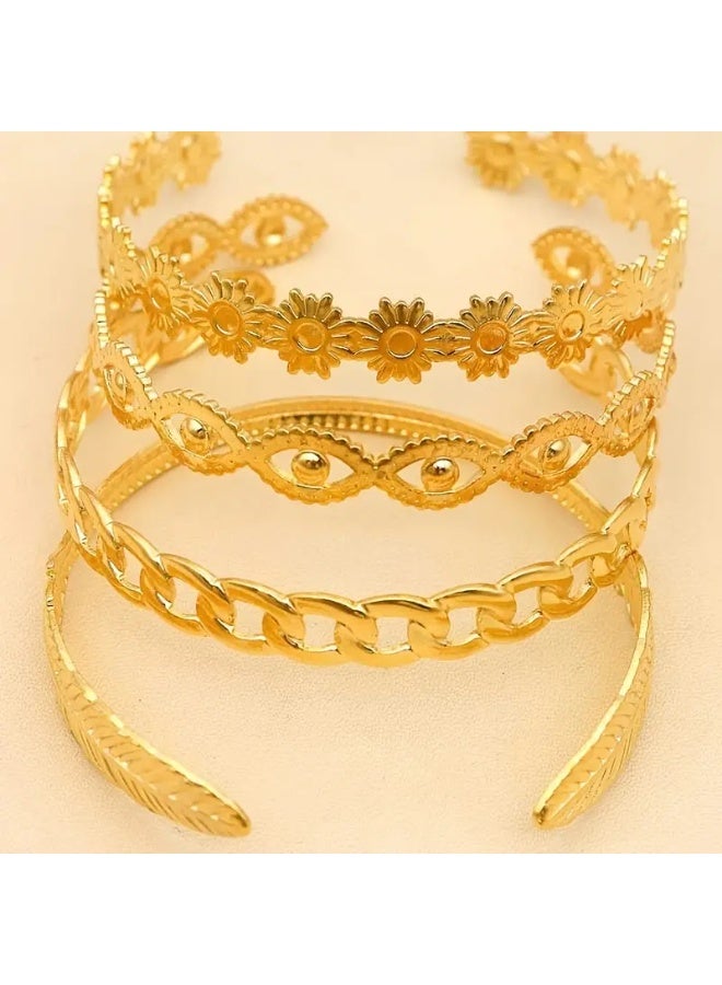 Goolsky مجموعة أساور ذهبية بوهيمية أنيقة مكونة من 4 قطع بتصاميم زهور وسلاسل وأوراق - أساور مفتوحة من سبائك معدنية للنساء | نمط هندي/هيب هوب، سوار باندل - Image 5