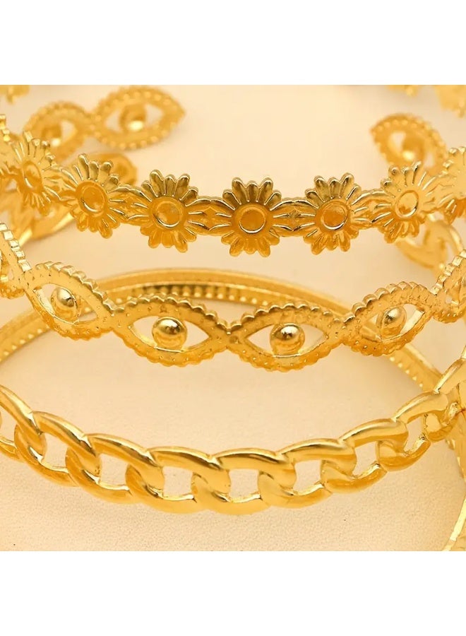 Goolsky مجموعة أساور ذهبية بوهيمية أنيقة مكونة من 4 قطع بتصاميم زهور وسلاسل وأوراق - أساور مفتوحة من سبائك معدنية للنساء | نمط هندي/هيب هوب، سوار باندل - Image 2