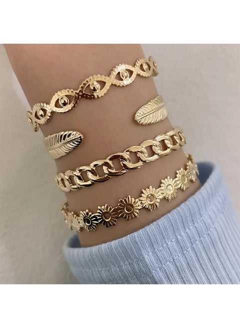 4pcs Boho-Chic Golden Bracelet Set with Floral, Chain & Leaf Designs - Alloy Open Cuff Bangles for Women | Indian/Hip Hop Style, Bangle Bracelet