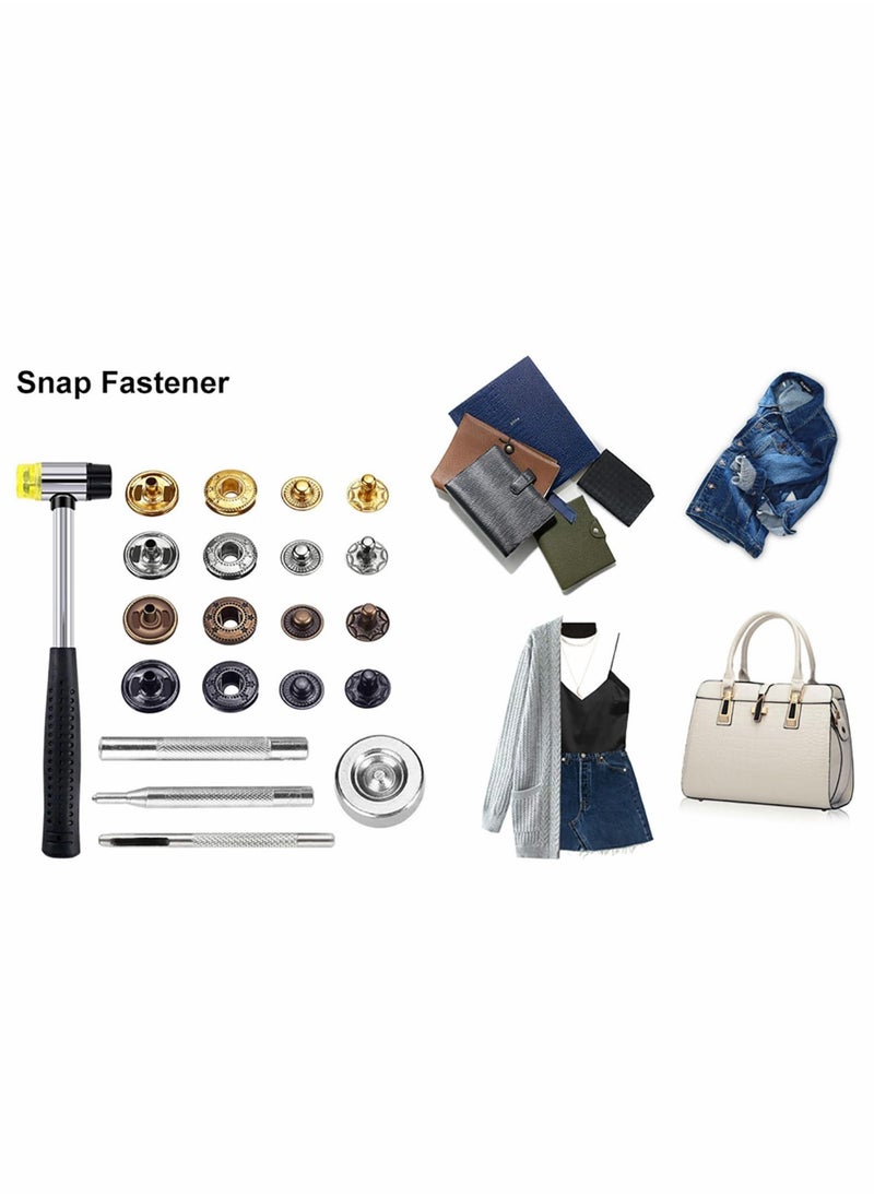 Excefore - Snap Fasteners Kit for Leather, 120 Set 12mm Metal Button Snaps Press Studs with 4 Setter Tools, 1 Hammer, Color Leather Clothes, Jackets, Jeans Wears, Bracelets, Bags - Image 1