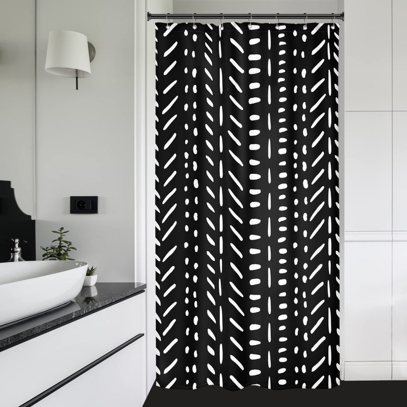 Riyidecor Boho Black Stall White Small Half Size Dorm Shower Curtain 36x72 Inch Chevron Geometric Herringbone Striped Single Narrow Tiny Walkin Stand Up Decor Fabric Bathroom Set Polyester Waterproof - Image 4