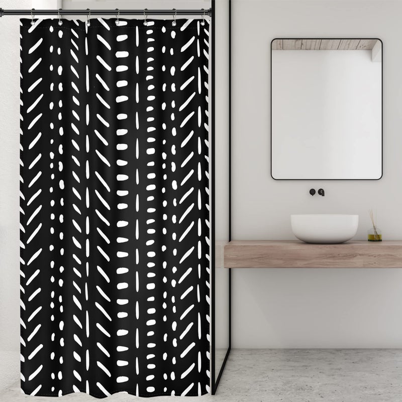 Riyidecor Boho Black Stall White Small Half Size Dorm Shower Curtain 36x72 Inch Chevron Geometric Herringbone Striped Single Narrow Tiny Walkin Stand Up Decor Fabric Bathroom Set Polyester Waterproof - Image 2
