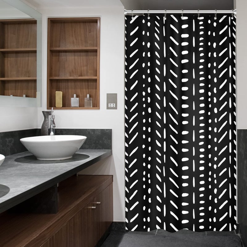 Riyidecor Boho Black Stall White Small Half Size Dorm Shower Curtain 36x72 Inch Chevron Geometric Herringbone Striped Single Narrow Tiny Walkin Stand Up Decor Fabric Bathroom Set Polyester Waterproof - Image 5