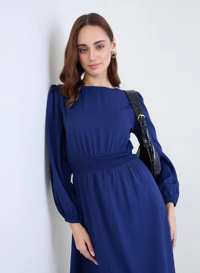 Styli Navy Blue Midi Dress with Long Sleeves