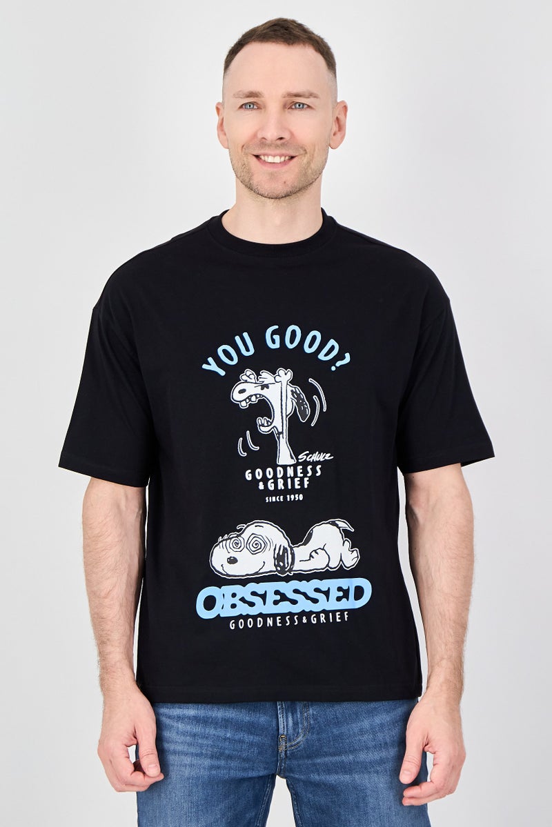 Peanuts Men Crew Neck Short Sleeve Graphic Print T-Shirt, Black - Image 1