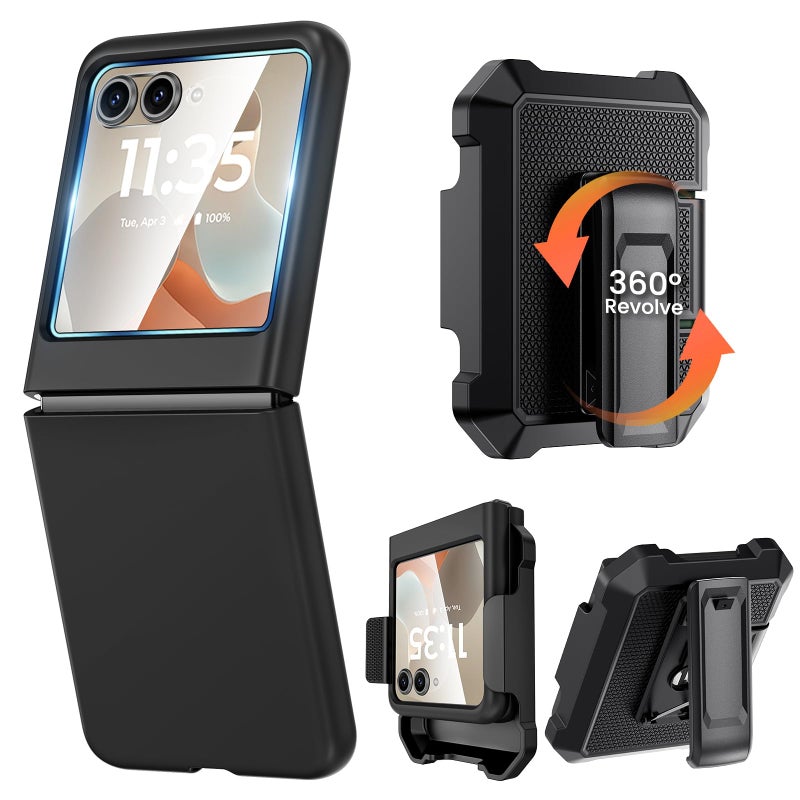 Caka for Motorola Moto Razr 2025/2024 Case with Clip and Screen Protector [NOT for Plus or Ultra], Slim Thin Flip Phone Cover and Belt Hip Holster Combo Accessories for Razr 50 & 60 - Black - Image 1