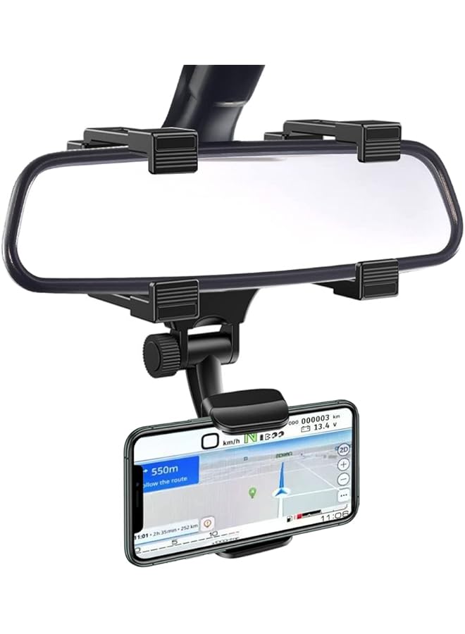Green Tiger Rear View Mirror Car Mount Phone Holder Stand with 270° Swivel and Adjustable Clips (Black) - Image 1